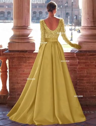 Long Sleeve Formal Prom Dresses Sequin Satin Ball Gowns with Slit Square Neck A Line Evening Gown with Pockets2