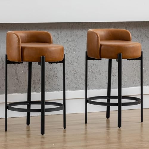 Ya-Home Moderno Set de 2 Butacos de Bar de 26 Pulgadas, Asiento Redondo Tapizado en Cuero PU Marrón con Patas de Metal Negro para Cocina o Comedor miniatura 1