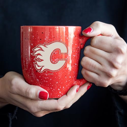 Image of Rico Industries NHL Hockey Calgary Flames Red Personalized 16 oz Team Color Laser Engraved Speckled Ceramic Coffee Mug