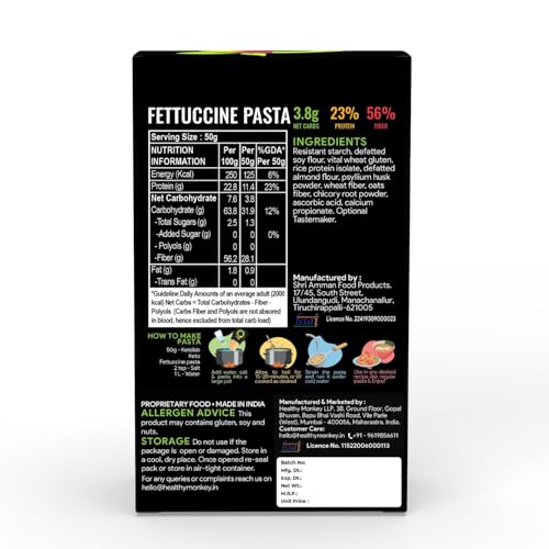 Image of Ketolab Keto Fettuccine Pasta (Flat noodles), 200 Gms, 1 Pack, 3.8g Net Carb & 23% High Protein /Serving, Identical to Regular Pasta, Low Carb, High Fibre, Low GI, Keto Diet, Diabetic Friendly