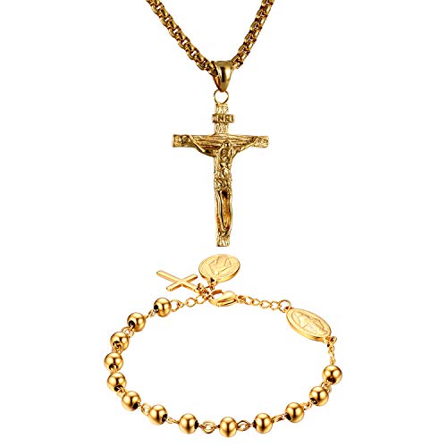 Crucifijo de Cristo Jesús en conjunto de collar y pulsera ajustable para el día a día