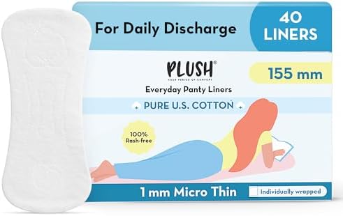 Plush Ultra Thin Panty Liners For Women Daily Use, 40 Liners 155mm | Pure US Cotton Liner Pads For Rash Free Periods | Soft Cotton Surface For Comfort On Non-Period Days | No Toxins & Paraben Free
