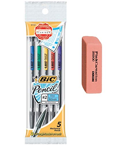 BIC Xtra-Precision Mechanical Pencil, Fine Point (0.5mm), 5-Count With Large Pink Eraser