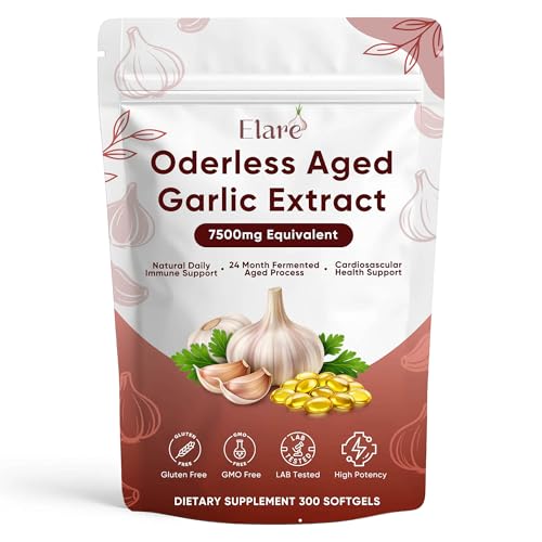 Elare Aged Garlic Extract - 300 Softgels Odorless Garlic Supplement 2-Year Matured Supports Heart Health Immune System & Antioxidant Wellness Vegetarian Non-GMO All-Natural Gluten-Free
