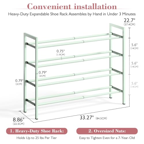 Image of Bumusty 4-Tier Expandable Shoe Rack for Closet, 18 inch-33 inch Adjustable Shoe Rack for Small Space, Small Shoe Organizer for Front Door, Sturdy Metal, Green