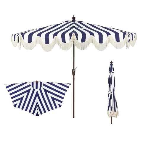 JONATHAN Y Half Umbrella UMB1201B Beverly 9 ft. Designer Classic Scalloped Fringe Market Patio with Crank, Push Button Tilt and UV Protection in Navy/White