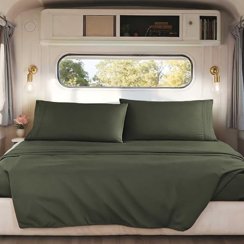 Image of Nestl Olive Green Short Queen Sheets for RV, Hotel Luxury RV Queen Sheets Set, 4 Piece Fitted Bed Sheet Set and Pillowcases, Super Soft, Wrinkle-Free, and Breathable Camper Bedding
