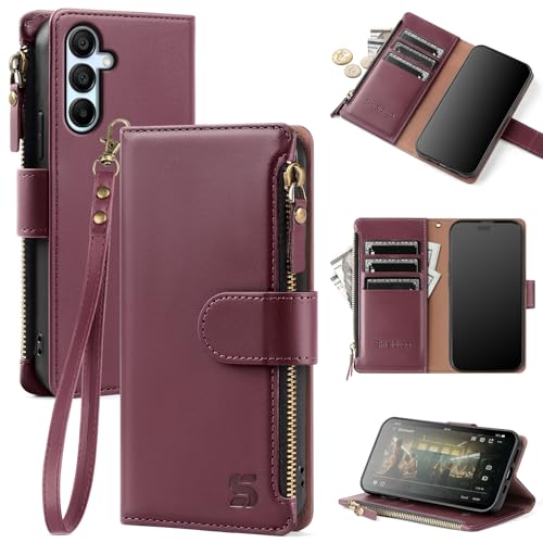 Shieldtop for Samsung Galaxy A15 5G Wallet Case,Galaxy A15 5G Phone Case PU Leather Flip Folio Protective Cover Wrist Strap Zipper pocket Credit Card Slots RFID Blocking,for Women Men,Wine Red