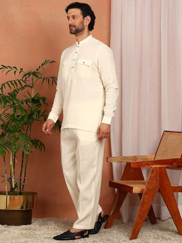 Image of See Designs Men's Full Sleeve Mandarin Collar Linen Solid Pathani Set