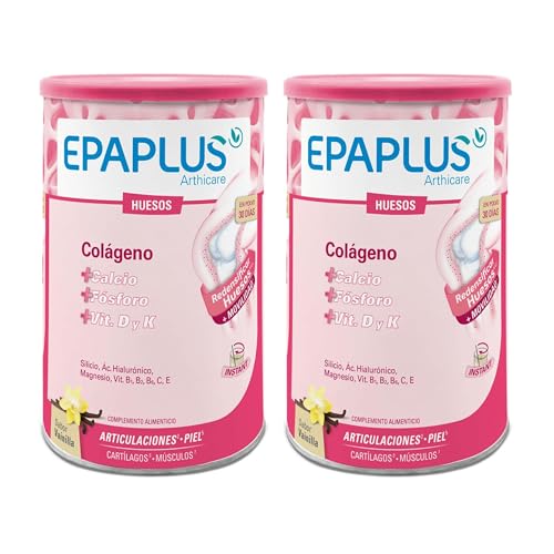 EPAPLUS Articulaciones huesos, Pack 2 Botes tratamiento para 60 días Colágeno, 776 gr total + Vitamina D + Vitamina K + Calcio + Silicio, Disolución Instant Sabor Vainilla