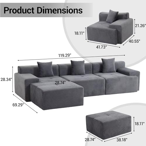 Image of 119'' Modular L-Shaped Boneless Sectional, Corduroy Deep Seat Cloud Sectional Couch, Small Space Sofa for Apartment Living Room Bedroom, No Assembly, Grey