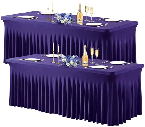 Wish Care 2 Pack Dark Purple Spandex Table Clothes for 6 Foot Rectangle Tables, 6FT Wrinkle Free Fitted Tablecloths Ruffles Design Table Cover for Party, Banquet, Wedding and Events