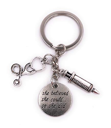 H-Customs Porte-clés Seringue Stéthoscope Doctor en Métal Argenté