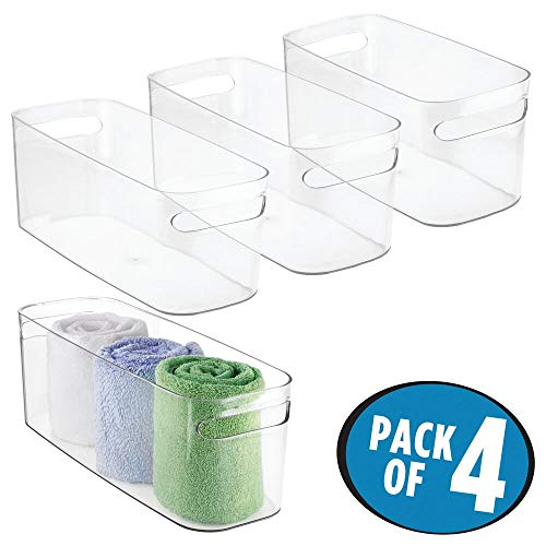 mDesign Bathroom Vanity Plastic Organizer Storage Bin Tote with Handles for Health and Beauty Products, Shampoo Bottles, Lotions, Hand Towels - 4 Pack - Clear
