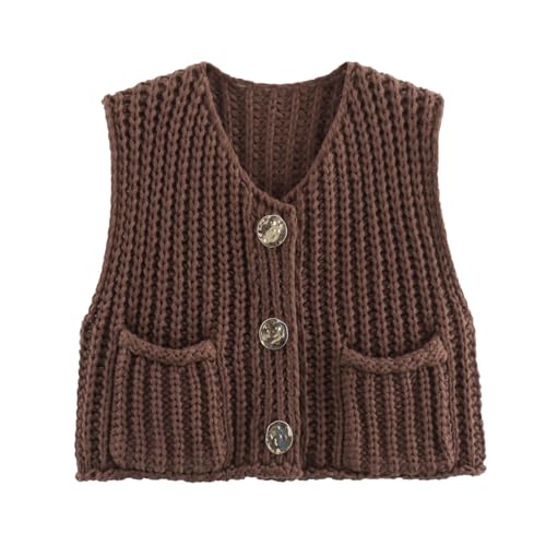 Image of UAURORAO Women Chunky Sweater Vest Button Down Crochet Cable Knit Cardigan Sleeveless Open Front Knitted Crop Waistcoat