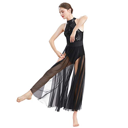 Afavom Sequin Lyrical Dance Dress For Women Contemporary Dance Costumes Halter Backless Ballet Leotards Bodysuit With Flowy Mesh Skirt Long Sparkle Ballroom Dresses Lyrical Dancewear Black Xs #TOP1