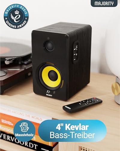 MAJORITY D40X Aktiv Regallautsprecher | 70W 2.0 Gelber Kevlar-Kegel Monitor Lautsprecher | Studio Monitor mit Bluetooth | Bookshelf HiFi Speakers mit Optische, RCA, USB AUX & Inklusive Fernbedienung – Bild 5