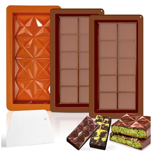 Audasi 3Pcs Silicona Moldes De Chocolate Antiadherentes Reutilizables DIY Grandes En Forma De Diamante Y Cuadrado Con Rascador De Banco