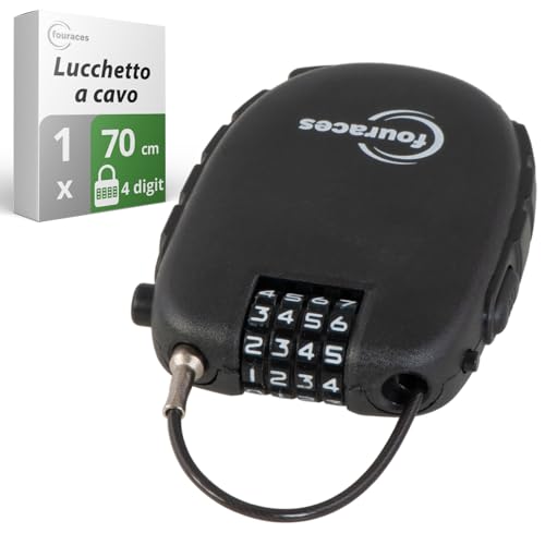 fouraces lucchetto con cavo retrattile 70 cm, lucchetti a combinazione a 4 cifre, antifurto per bicicletta, scooter, biciclette, sci, casco, moto