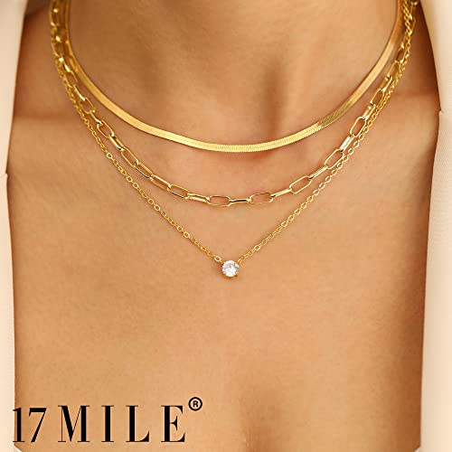 17 Mile Gold Layered Choker Necklace For Women Girls, 14K Real Gold Plated Cz Pendant Necklace, Dainty Flat Snake Chain Layering Necklace For Gift (1-3 Layered Gold) #TOP1