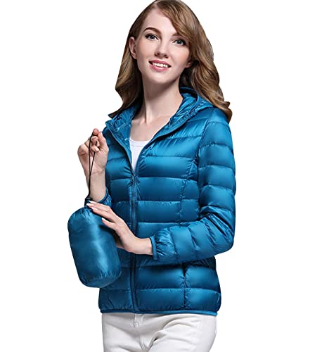 xitoio Chaqueta de plumón ultraligera con capucha para mujer, 55% relleno de plumón, abrigo acolchado plegable para invierno, Lago Azul, M (Bust 94 CM)