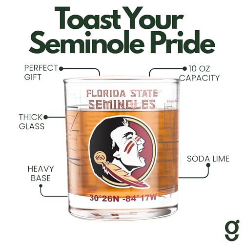 Image of Greenline Goods Florida State University Seminoles Whiskey Glasses Set of 2, 10 oz Rocks Glasses with Full-Color Logo & Campus Map - Officially Licensed Bourbon Glass Gift for Alumni & Fans