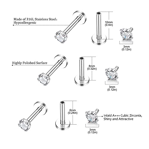 Helicopchain 20Pcs 16G Hypoallergenic Stainless Steel Lip Studs Labret Piercing With 3mm CZ Cartilage Tragus Helix Monroe Piercing Stud Jewelry 6mm 8mm 10mm2