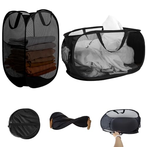 Lot de 2 paniers à linge pop-up pliables (35 x 35 x 55 cm/36 x 35 x 58 cm) - Panier à linge pliable en maille avec anse - Pour salle de bain, camping, collège, dortoir et voyage (noir)