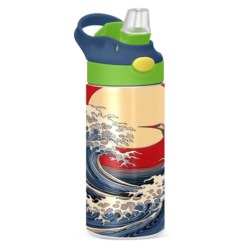 Sevdomey Botella de agua japonesa para niños con diseño de olas marinas con pajilla, de acero inoxidable, aislada, a prueba de fugas, 350 ml, para escuela, guardería, viajes, deportes