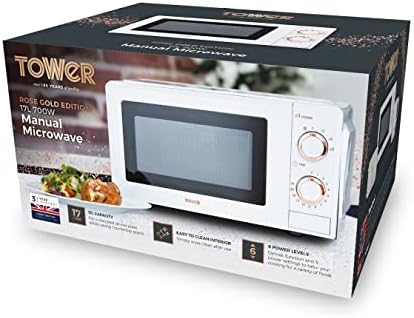 Tower T24029WRG Linear Manual Solo Microwave with 4 Power Levels, 30 Minute Timer, Defrost Function, 700W, 17 Litre, White and Rose Gold