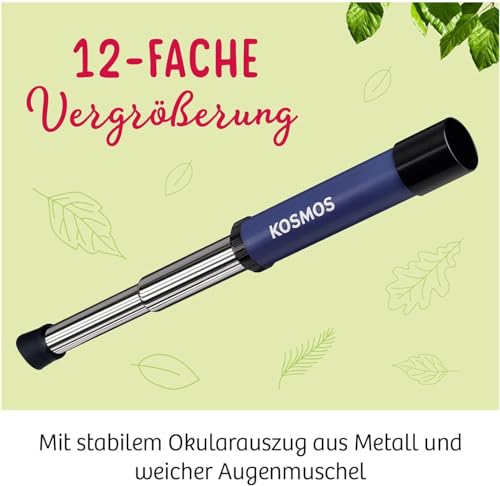 KOSMOS ‎676872 Fernrohr - Entdecke Deine Welt, Linsen-Fernrohr mit 12facher Vergrößerung. Stabiler Okularauszug aus Metall. Für Kinder ab 8 Jahre mit Tipps zur Anwendung und Beobachtungen