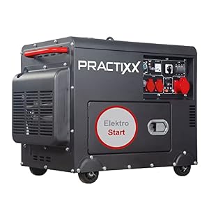 Practixx Diesel Stromerzeuger PX-SE-5000D Notstromaggregat mit Elektrostart | Leistung 7,7PS - 5000W | 2x 230V und 1x 400V Steckdose | 16L Tank | AVR System | Stromgenerator inkl. Fahrvorrichtung