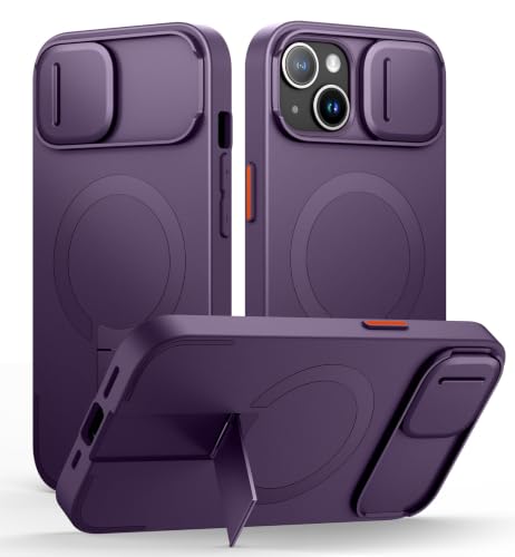 Image of SURITCH for iPhone 13 /14 Case with Magnetic Camera Slide Cover and Adjustable Kickstand, Compatible with MagSafe, Shockproof Bumper Case Slim Protective Cover for iPhone 13 /14 6.1 Inch, Dark Purple