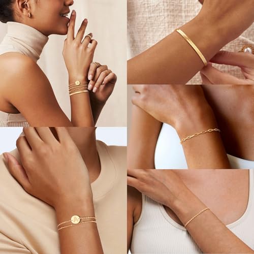 KSF Gold Bracelets for Women Stack - 14K Gold Plated Stackable Bracelets for Women Trendy Initial Bracelet Set Stack Cuban Link Paperclip Chain Jewelry Gifts3