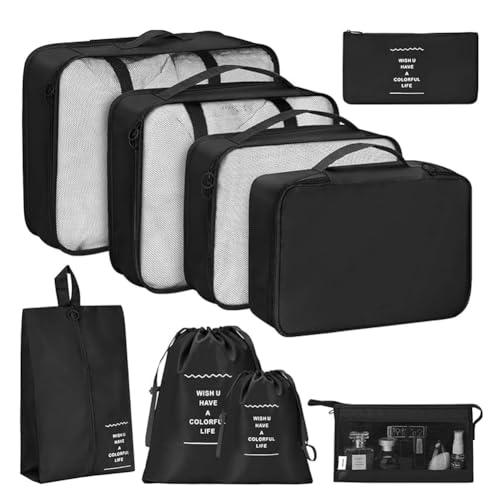 KEAMILES - 9 Set Packing Cubes for Suitcases, Travel Luggage Organizers, with Clothes Storage Bags, Toiletry Bag, Shoe Bag, Underwear Bag, Laundry Bag, Sock Bag, Accessories Bag (Black)