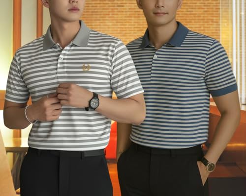 Image of MACK JONNEY Men's Cotton Polo T-Shirt | Regular Fit | Short Sleeve | Striped Casual Wear | Pack of 2 -MJ-1