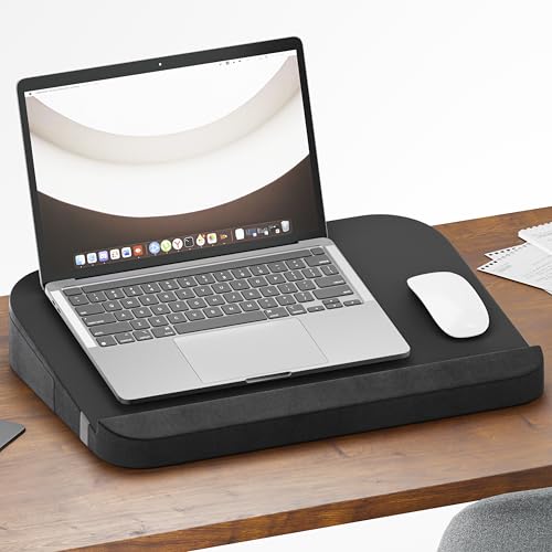 Image of FOVERA Lap Desk Cushion | Fits up to 17 inch Laptop | High-Density Foam Cushion, Mouse-Friendly Flux Leather Top Surface, Soft Wrist Support, Side Storage Pockets, Removable Cover (Medium, Black)
