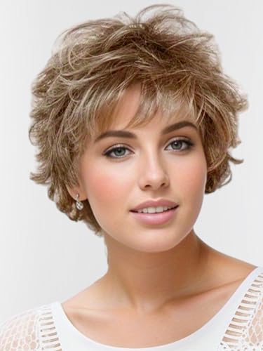 TISHINING Short Ombre Blonde Curly Wig with Bangs Fluffy Layered