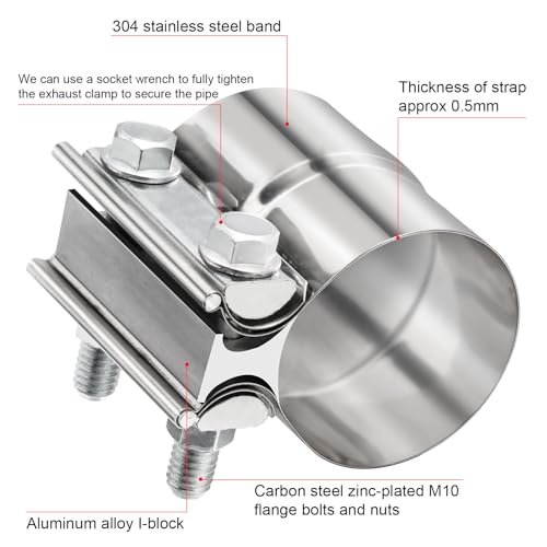 TIROL 2.25 Exhaust Clamp, 2.25 inch Lap Joint Band Stainless Steel Muffler Clamp for Joining to 2.25" ID Exhaust Pipe, Muffler Pipe 2Pcs