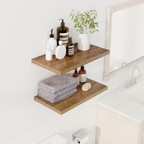 Image of Dreamland 24 inch Floating Shelves for Wall, 12 inch Deep Slim Walnut Floating Shelves, Wall-Mounted Shelves for Bedroom, Living Room, Kitchen, Bathroom - Set of 2