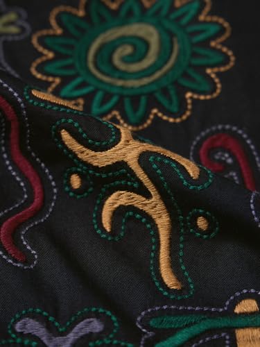 Image of The Souled Store Nomad: Tribe Men and Boys Short Sleeve Cuban Collar Black Embroidered Casual Drop Shoulder Trendy Streetwear Lightweight Cotton Oversized Shirt