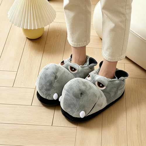 Image of Fluffy Hippo & Elephant Slippers - Oversized Warm House Slippers for Adults | Non-Slip Soft-Sole Indoor Slippers