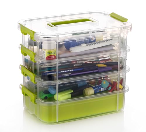 Image of plastic boxes for Storage transparent boxes for storage, Portable & Stackable Space Saving Organiser with Lid for Medicine, Jewelry, Arts & Crafts, Buttons, Beads (Green, 4 TIER WITH 1 TRAY)