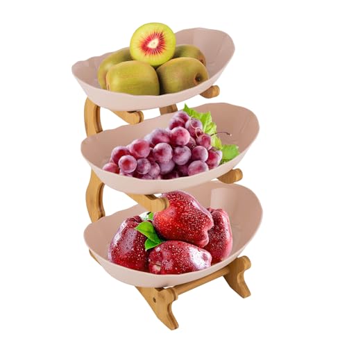 Desnysmf 3 Tier Fruit Bowl with Bamboo Stand, 3-Tier Snack Dessert Cake Tray for Party Wedding, Afternoon Tea, Multi-Purpose Tiered Fruit Bowl Platter with Detachable Rack, Wooden Bracket