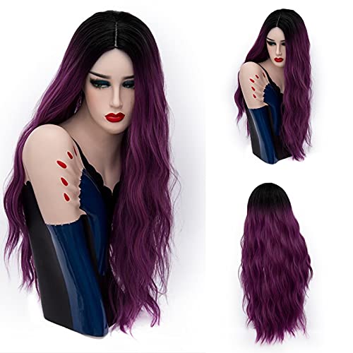 TopWigy Purple Wigs for Women Dark Purple, 28 Inches Long Wavy Wig Fluffy Curly Black to Purple Ombre Wig Heat Resistant Lavender Synthetic Wig for Cosplay Costume Party Halloween