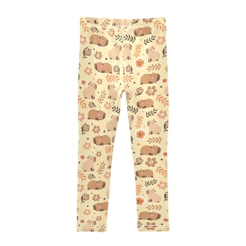 Cute Capybara Orange Flowers Girls Leggings Soft Comfortable Athletic Leggings Dancing Pants for 4-10 Years2