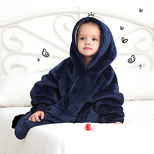 Image of KFUBUO Wearable Blanket Hoodie for Kids With Pocket Toddlers 2-6 Year Old | Navy, Sherpa, Heavy Material, Oversized Sweatshirt Blanket, Kids Blanket, Girl Boy Gifts, Cozy Gifts for Kids