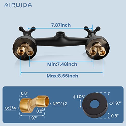 Airuida Matte Black Wall Mount Kitchen Sink Faucet For 6 Inch(15Cm) Spout Reach 8 Inch Center Adjustable Center Double Cross Handles Hot And Cold Water Mixer Tap 360 Rotatable Faucet #TOP4