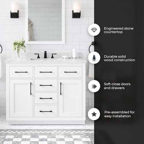 Image of OVE Decors Athea 42 in. Single Sink Freestanding White Bathroom Vanity with White Engineered Marble Top, Matching Backsplash, Power Bar and Matte Black Hardware