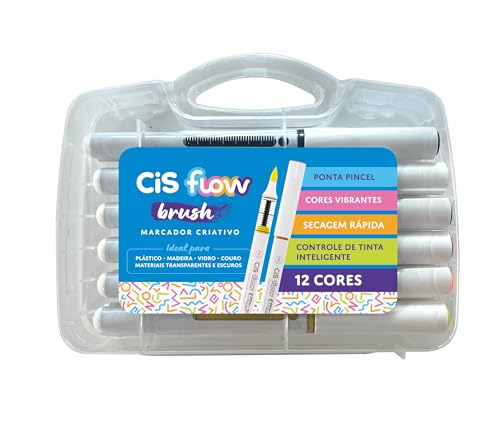 Marcador Criativo Acrílico CIS FLOW, Ponta dupla, Não transfere para o outro lado, Estojo com 12 cores